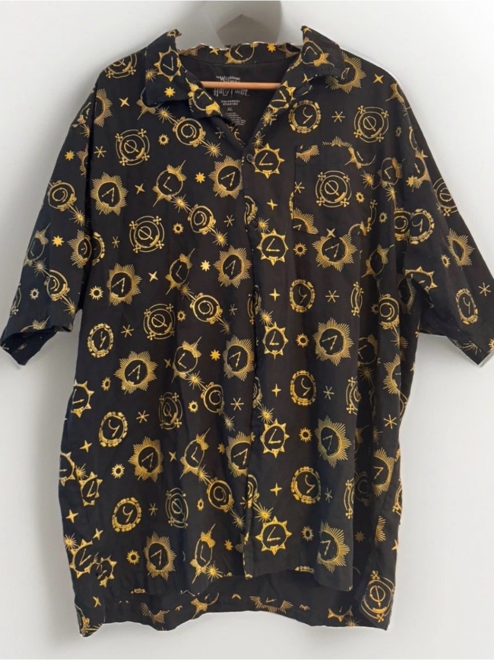 Warner Bros. Black Button-Down Shirt with Gold Celestial Print